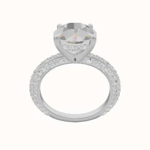 3/4 Three Row Pave Engagement Ring With V Prong with Hidden Halo Head