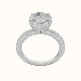 3/4 Three Row Pave Engagement Ring With V Prong with Hidden Halo Head