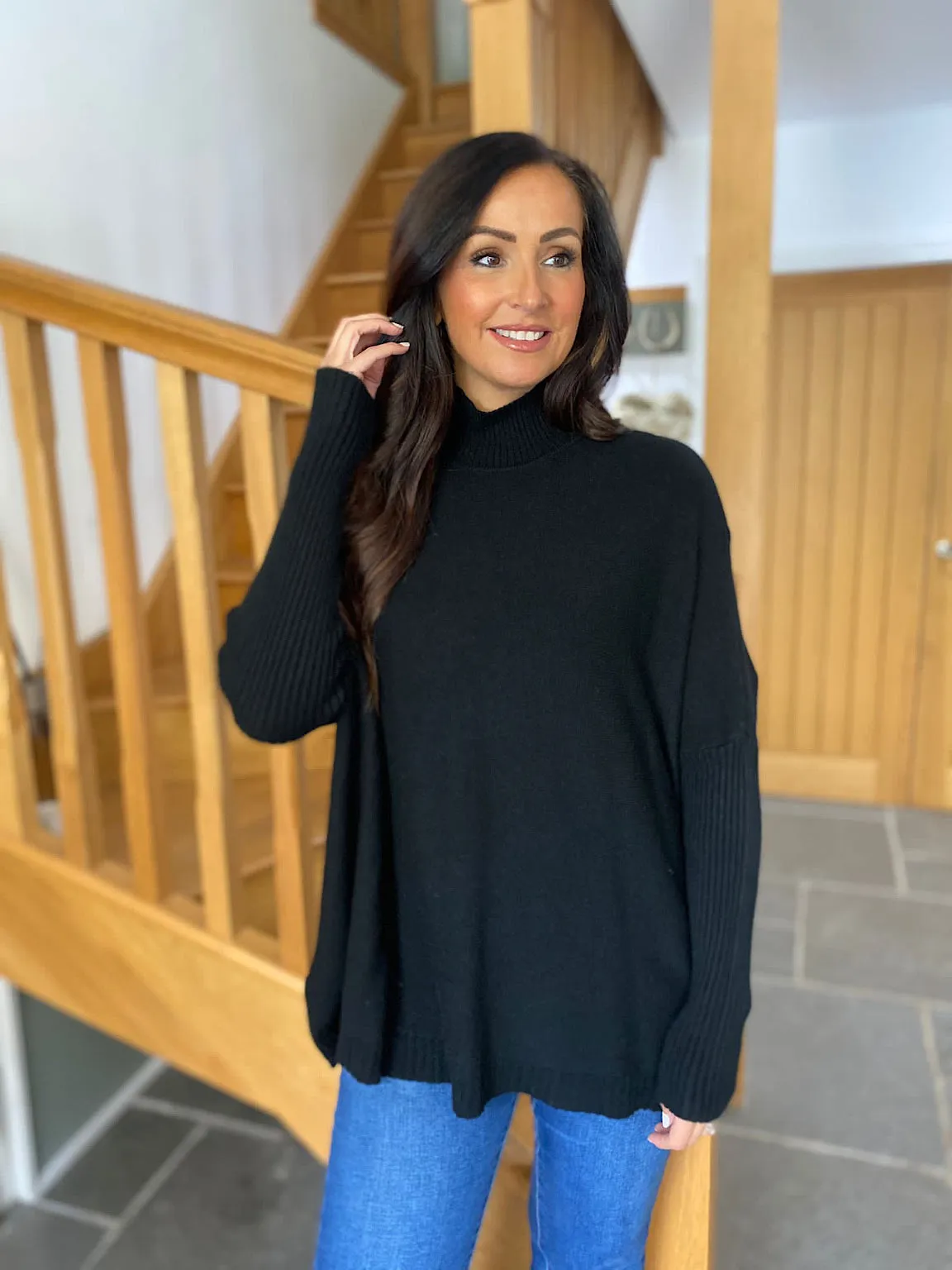 Black Ribbed High Neck Jumper Isla