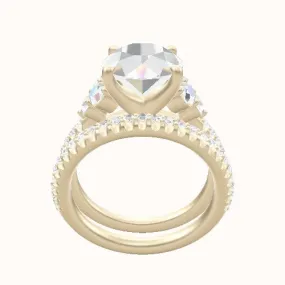 Cathedral Diamond Band with Round Sidestone Trio Engagement Ring With Four Prong Head and Matching Band