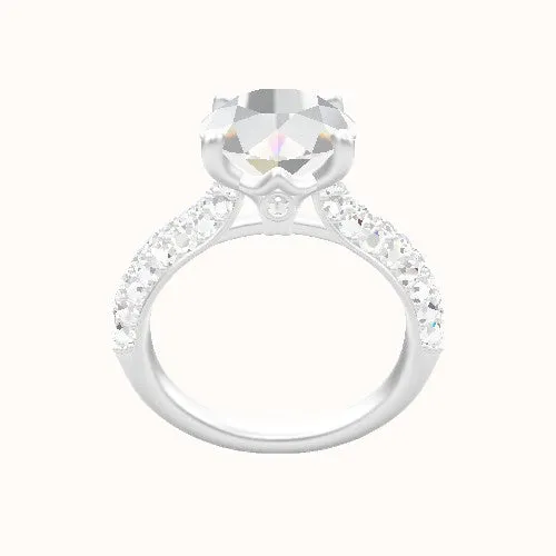 Cathedral Three Row Pave Engagement Ring With Crown Four Prong w. Surprise Diamond Head