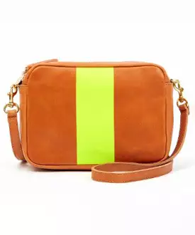 Clare V. Midi Sac - Tan Nappetto with Neon Yellow Stripe