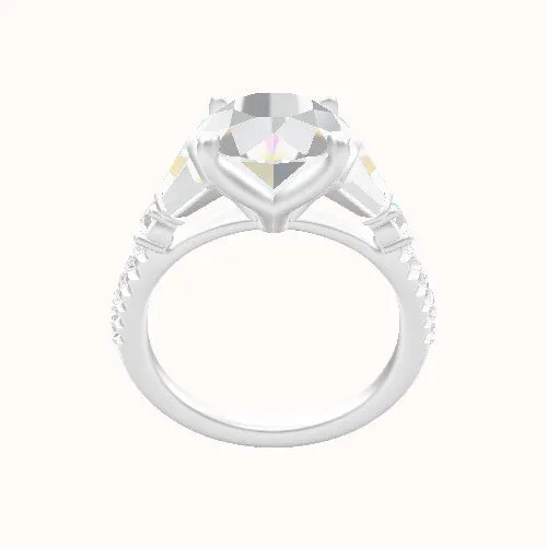 Diamond Band with Triple Tapered Baguettes & Round Sidestones Engagement Ring With Petal Four Prong Head