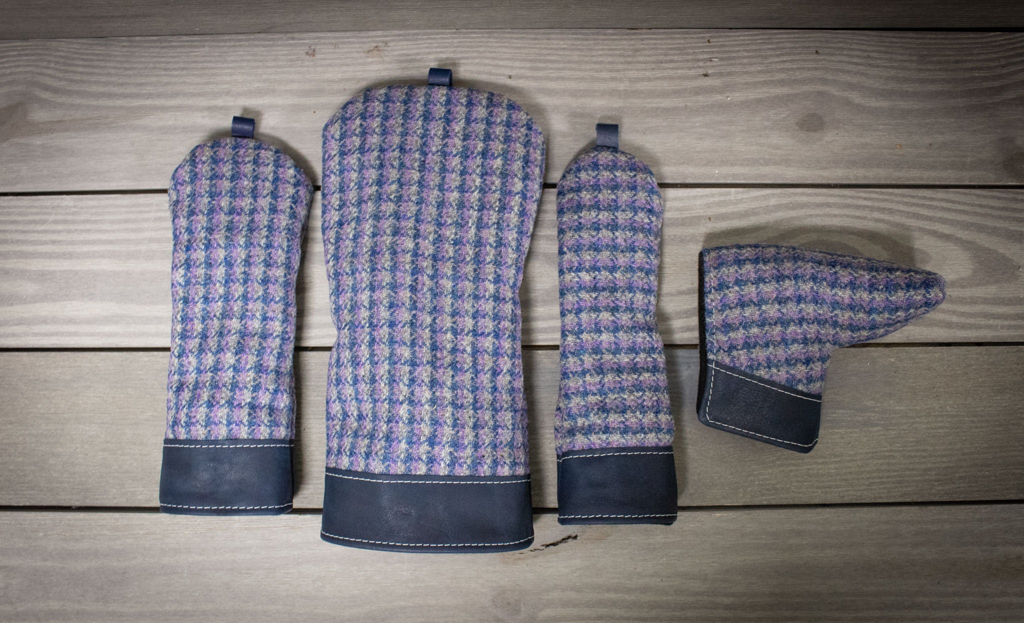 Harris Tweed and Leather Set of Head Covers in Purple and Navy