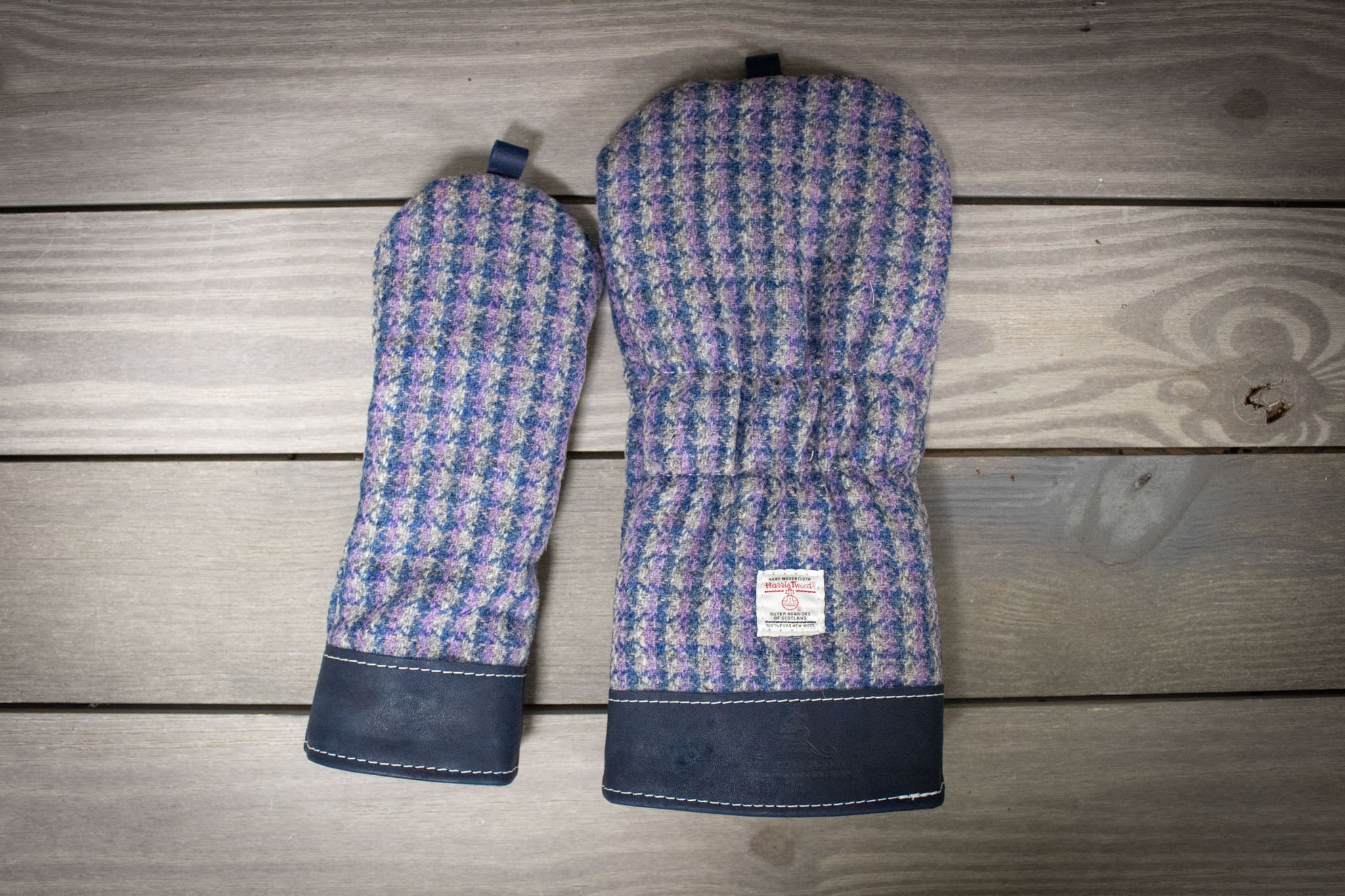 Harris Tweed and Leather Set of Head Covers in Purple and Navy