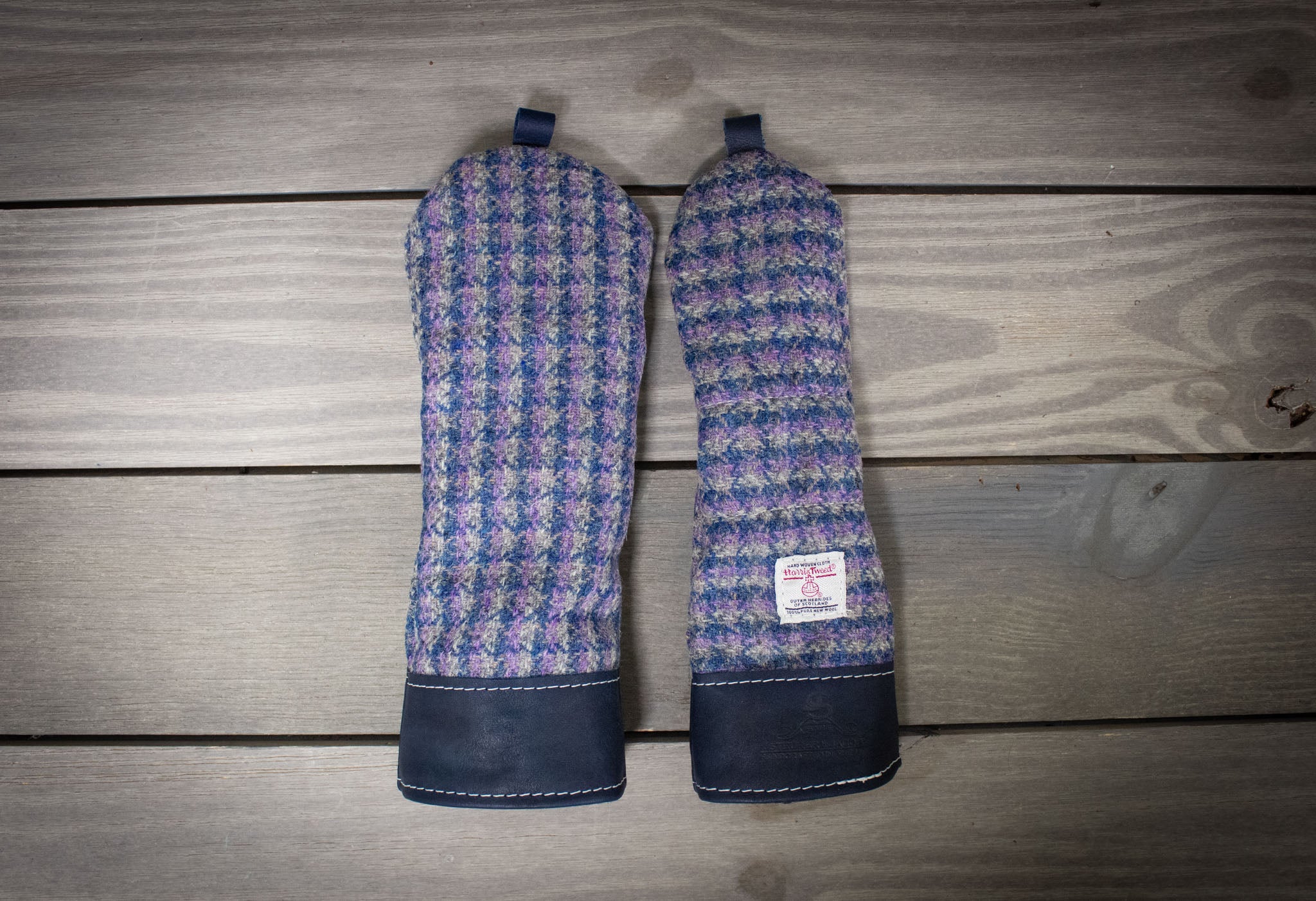 Harris Tweed and Leather Set of Head Covers in Purple and Navy