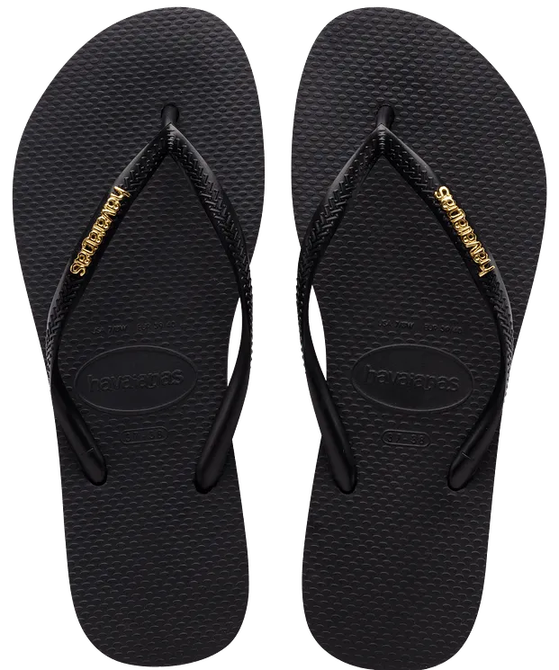 Havaianas Slim Logo Metallic Flip Flops - Black/Golden