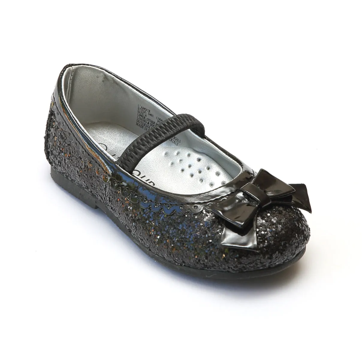 L'Amour Girls D401 Glitter Black Bow Flats