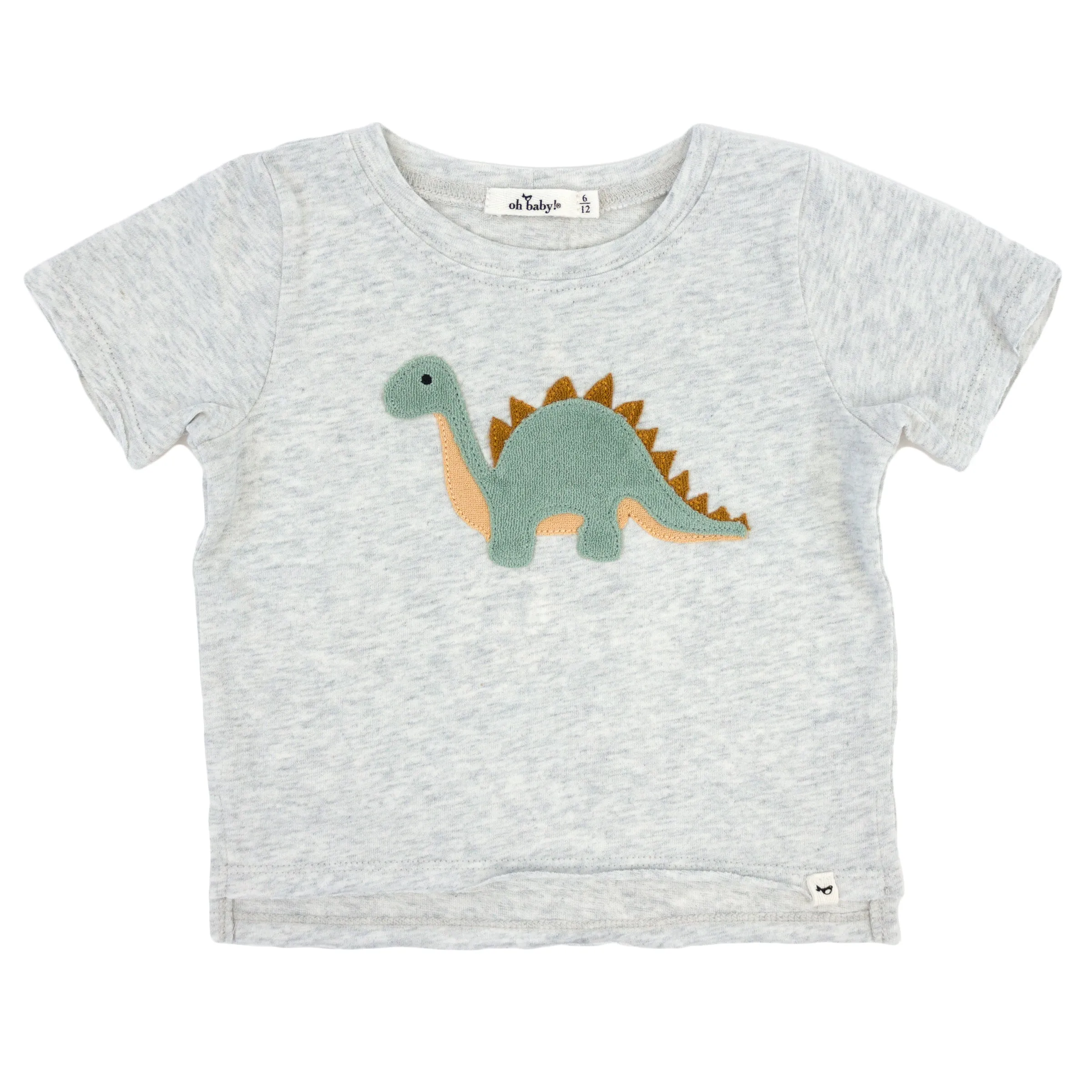 oh baby! Raw Edge Short Sleeve Cotton Slub Tee - Dinosaur Applique - Heather Gray