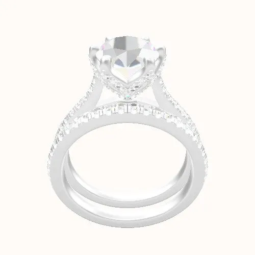 Pave Cathedral Engagement Ring With Pave Petal Six Prong Head and Matching Band