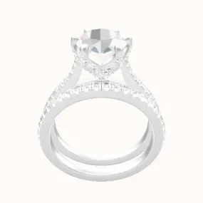 Pave Cathedral Engagement Ring With Pave Petal Six Prong Head and Matching Band