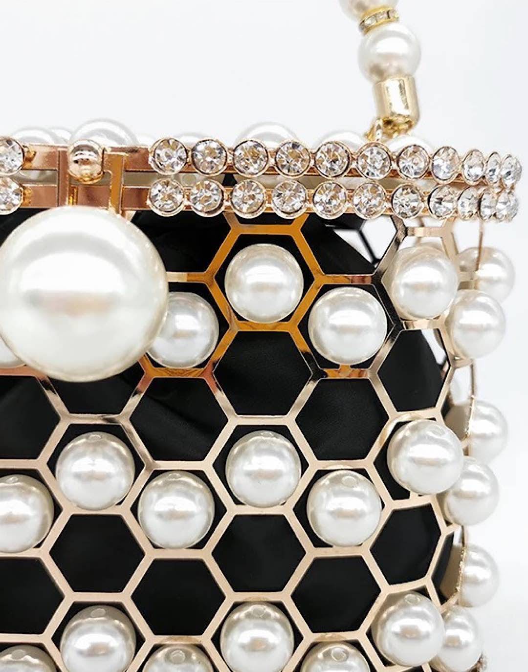 Pearled and Crystallized Cage Handle Clutch