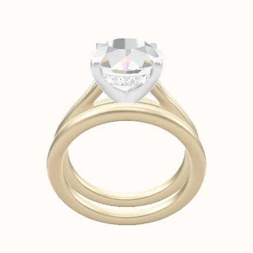 Split Cathedral Engagement Ring With V Prong with Hidden Halo Head and Matching Band