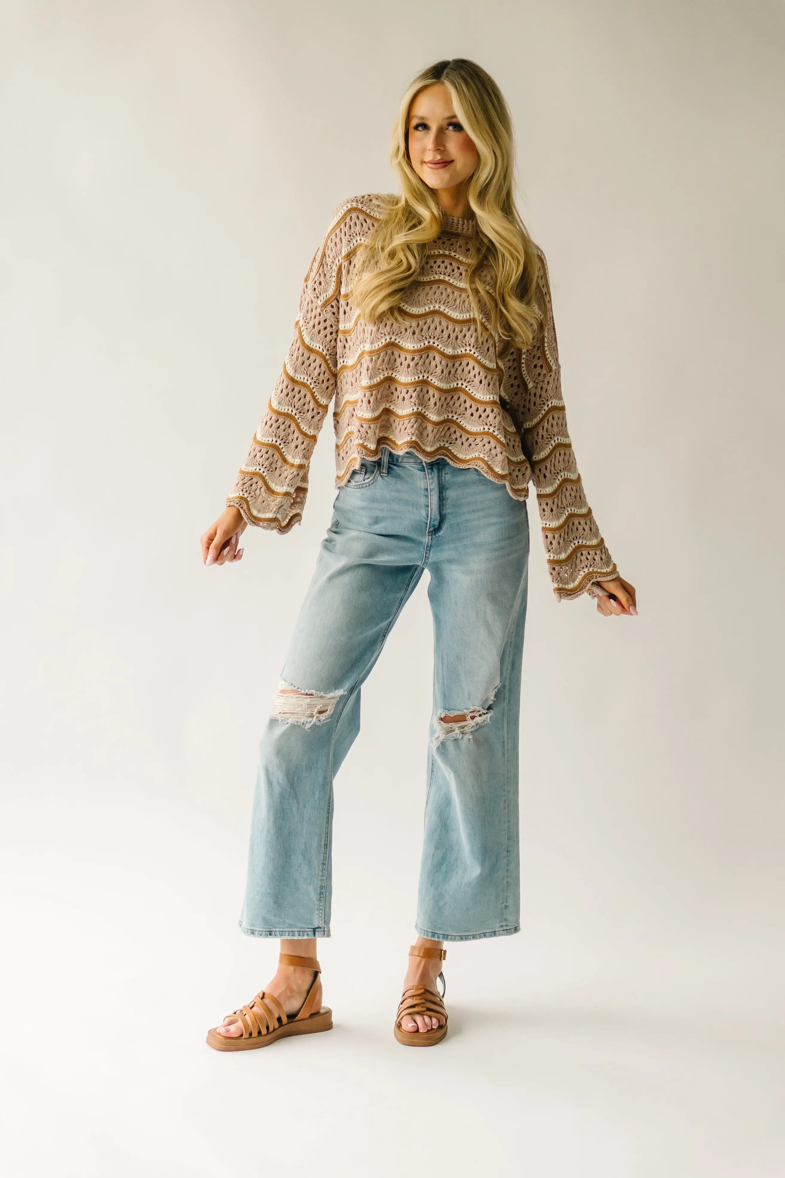 The Hondo Wavy Detail Crochet Sweater in Taupe Multi