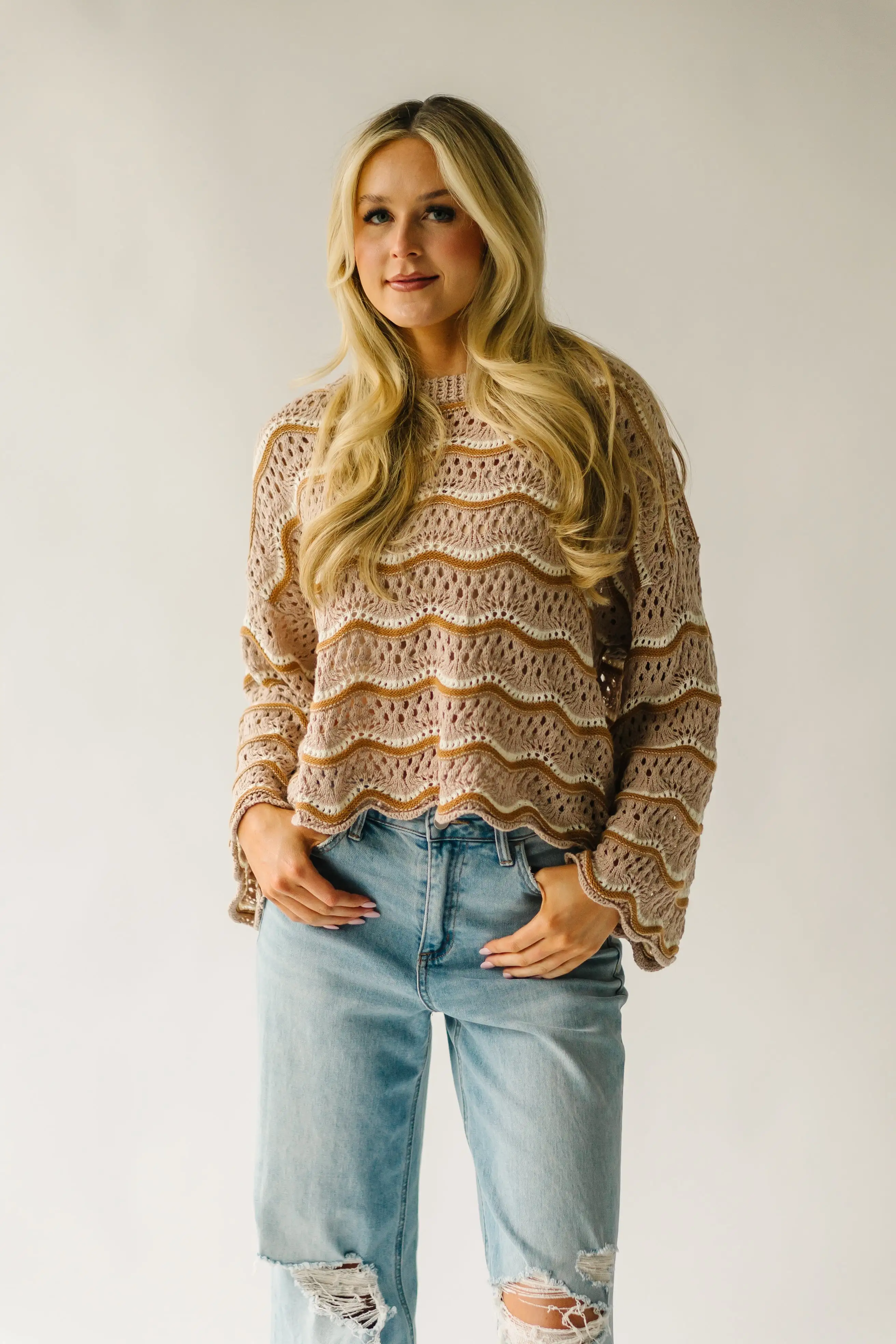 The Hondo Wavy Detail Crochet Sweater in Taupe Multi