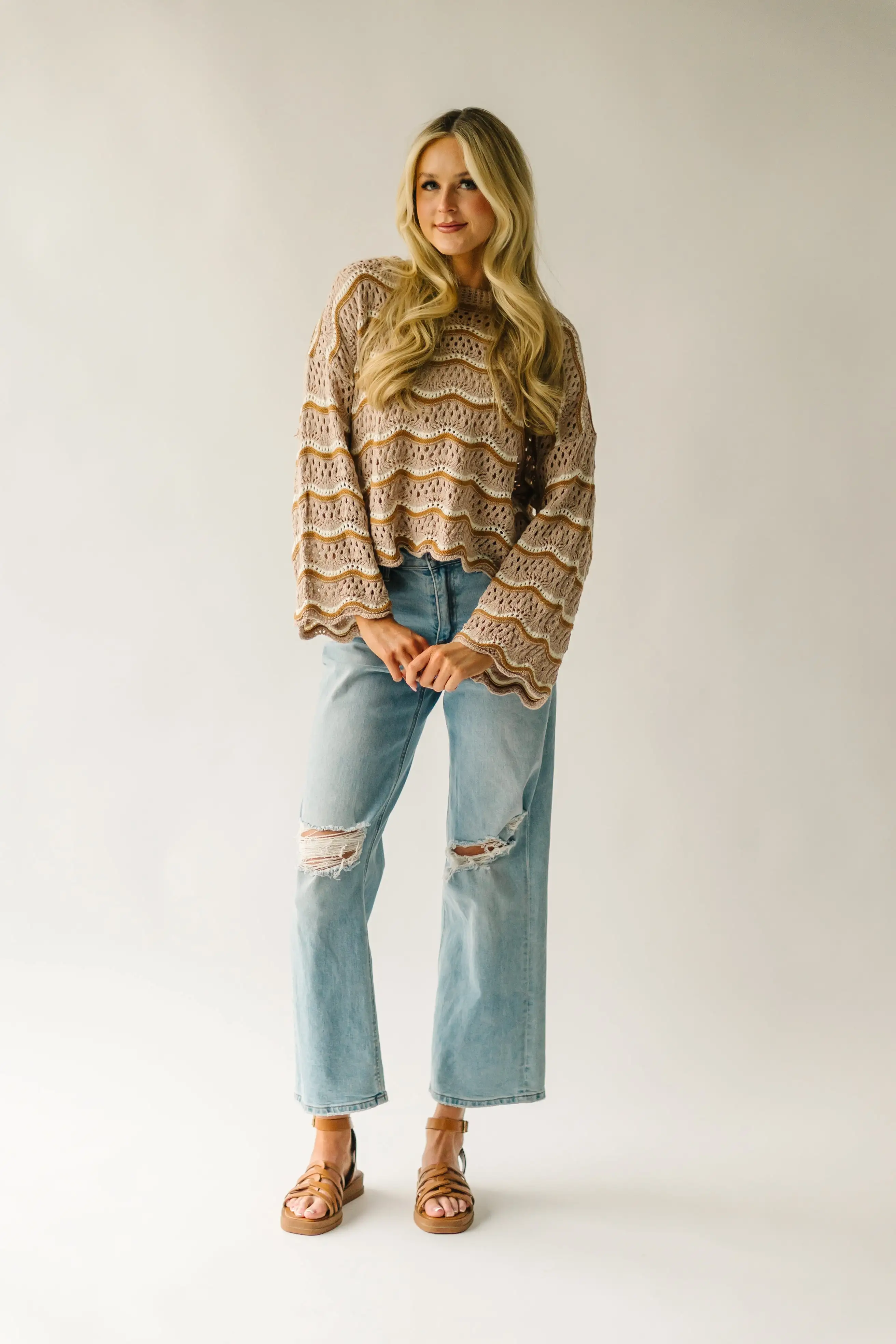 The Hondo Wavy Detail Crochet Sweater in Taupe Multi