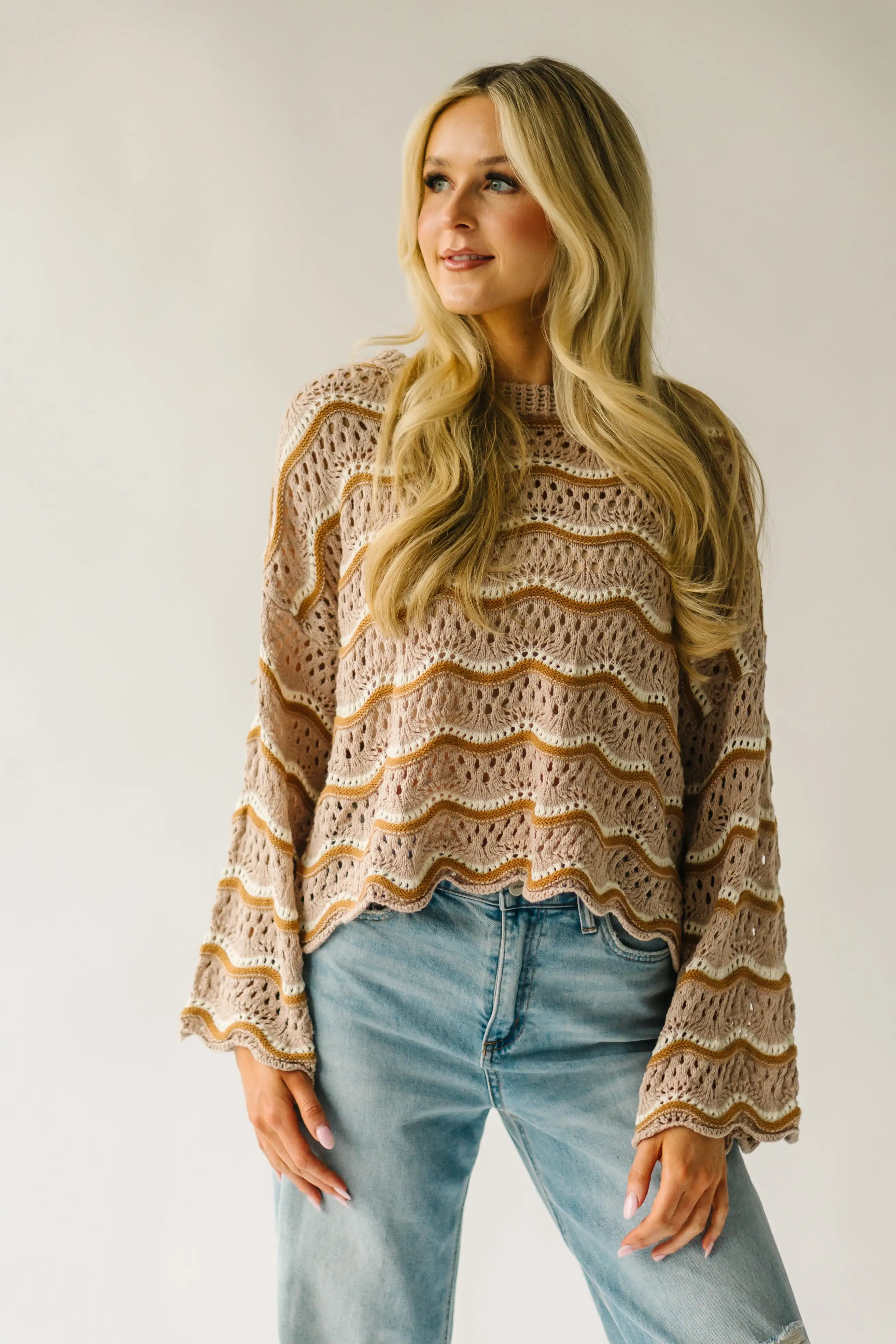 The Hondo Wavy Detail Crochet Sweater in Taupe Multi