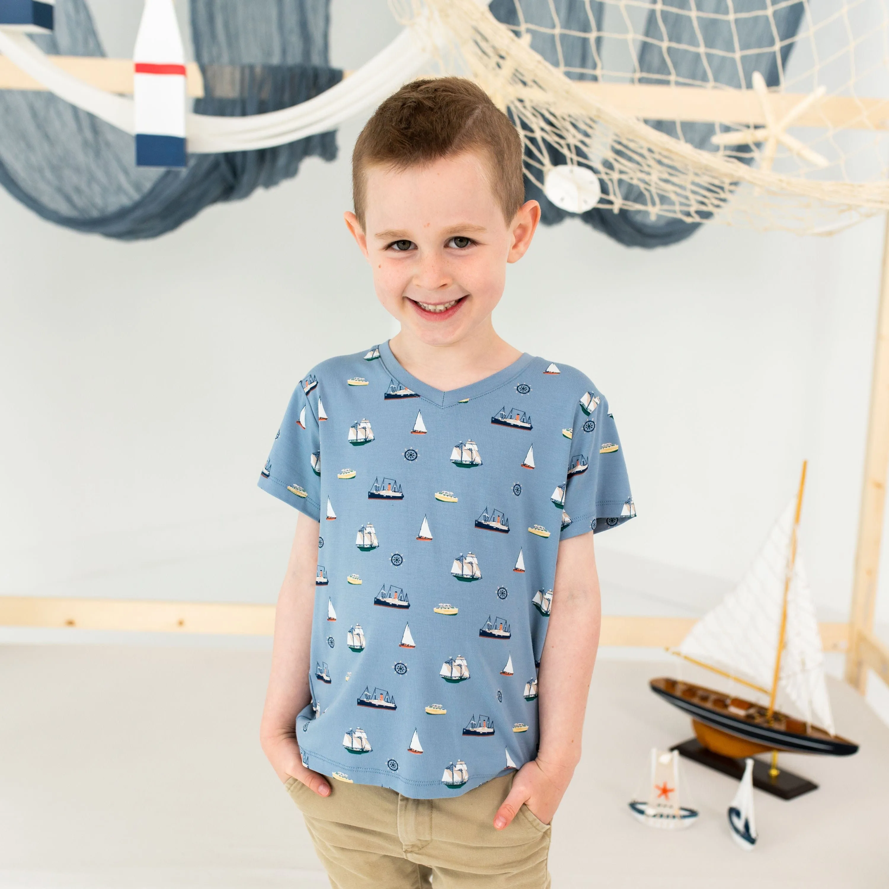 Toddler V-Neck Tee in Vintage Boats